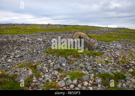 Stein warften - künstliche Steinhaufen von kleinen Felsbrocken auf dem Bolschoj Zayatsky Insel. Solovetsky Inselgruppe, Weißes Meer, Russland Stockfoto