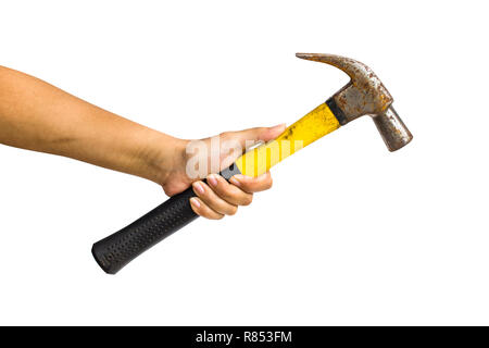 Einer Hand Bügeleisen Hammer auf weißem Hintergrund 7/8 gehören Freistellungspfaden. Stockfoto