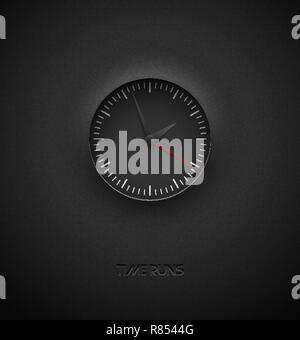 Realistische tiefe schwarze runde Uhr schneiden Sie auf strukturiertem Kunststoff dunklen Hintergrund. Weiß einfache moderne runde Skala. Vektor Icon Design oder ui-Bildschirm Stock Vektor