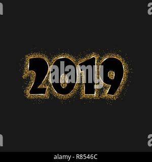 Frohes Neues Jahr 2019 - Neues Jahr Goldglänzenden Ziffern und Glitter isoliert auf einem schwarzen Hintergrund. Stock Vektor