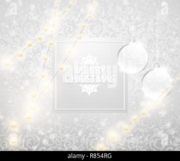 Weihnachten Licht Schneefall Hintergrund. Frohe Weihnachten Text auf Platz Label, transparentem Glas Kugel. Hellen festlichen Vector Illustration Stock Vektor