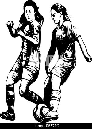 Die dynamische Schwarz-weiß-Vektorgrafik zeigt zwei Frauen, die hart für den Fußball herausfordern – eine eindrucksvolle Darstellung der Fußballkunst der Frauen. Stock Vektor