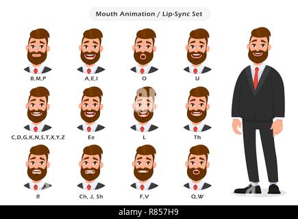 Set von Lip Sync Sammlung für die Animation des sprechenden Geschäftsmann. Mund und Lippen des Geschäftsmanns synchronisieren sich für eine gute Aussprache. Vektorgrafik Stock Vektor