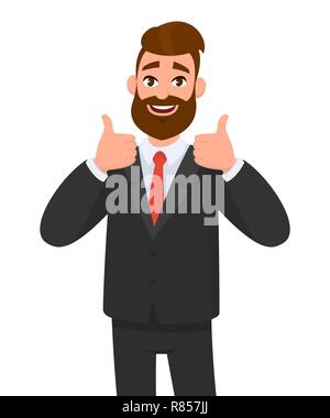 Porträt von aufgeregt Business-Mann in schwarz formelle Kleidung mit Daumen nach oben Zeichen gekleidet. Das Konzept der Illustration ist „Deal“, „Gefällt mir“, „Accept“, „Approve“, „ Stock Vektor