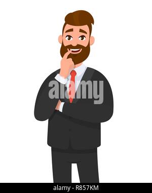 Glückliche junge Geschäftsmann holding Zeigefinger auf den Mund, während die Daumen Arm dar. Emotion und Körpersprache Konzept im Comic-stil Vector Illustration. Stock Vektor