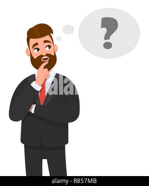 Nachdenkliche junge Geschäftsmann denken. Fragezeichensymbol in Gedanken Blase. Emotion und Körpersprache Konzept im Comic-stil Vector Illustration. Stock Vektor