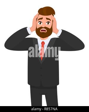 Geschäftsmann seine Hände hielten auf dem Kopf, Stress, Schmerzen, müde. Gefühle und Körpersprache Konzept im Comic-stil Vector Illustration. Stock Vektor