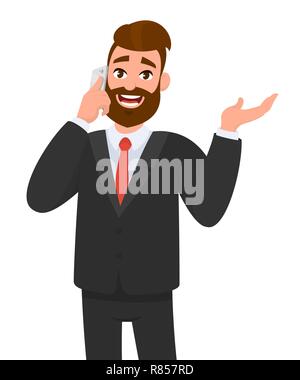 Glücklich zuversichtlich Geschäftsmann sprechen auf Smartphone und Gestik Hand, um Raum zu kopieren. Geschäftsleute, die auf dem Handy sprechen und stehen. Vektor Stock Vektor