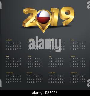 2019 Vorlage Kalender. Chile Land Karte Golden Typografie Header Stock Vektor