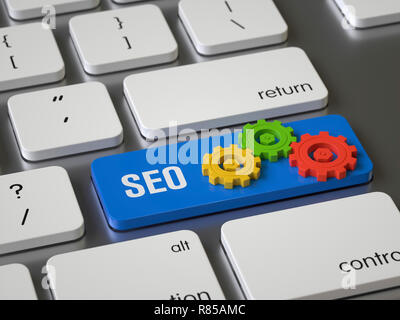 SEO-Taste auf der Tastatur, 3D-Rendering, konzeptionelle Bild. Stockfoto