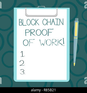 Schreiben Hinweis Übersicht Block Kette Nachweis der Arbeit. Business foto Präsentation dezentrale Geld Handel cryptocurrency Blatt Papier auf die Zwischenablage Stockfoto
