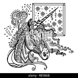 Vektor hand Zeichnung Abbildung zentangle Einhorn in schwarzer Farbe auf weißem Hintergrund. Doodle Einhorn Abbildung. Färbung fantasy Unicorn Stock Vektor