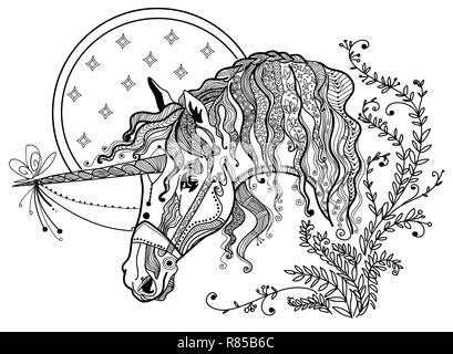 Vektor hand Zeichnung Abbildung zentangle Einhorn in schwarzer Farbe auf weißem Hintergrund. Doodle Einhorn Abbildung. Färbung fantasy Unicorn Stock Vektor
