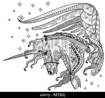 Vektor hand Zeichnung Abbildung zentangle Einhorn in schwarzer Farbe auf weißem Hintergrund. Doodle Einhorn Abbildung. Färbung fantasy Unicorn Stock Vektor