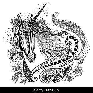 Vektor hand Zeichnung Abbildung zentangle Einhorn in schwarzer Farbe auf weißem Hintergrund. Doodle Einhorn Abbildung mit pflanzlichen Elementen. Farbe Stock Vektor