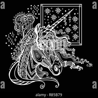 Vektor hand Zeichnung Abbildung zentangle Einhorn in der Farbe Weiß auf schwarzem Hintergrund. Doodle Einhorn Abbildung mit pflanzlichen Elementen. Farbe Stock Vektor