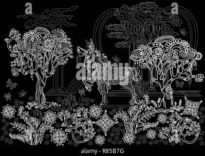 Vektor hand Zeichnung Abbildung zentangle Einhorn mit Bäumen und Pflanzen in der Farbe Weiß auf schwarzem Hintergrund. Doodle Einhorn Abbildung mit Stock Vektor