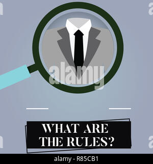 Schreiben Hinweis zeigen, was sind die Rulesquestion. Business Foto zur Schau stellen die Verordnungen vor dem Start alles Lupe vergrößern Stockfoto