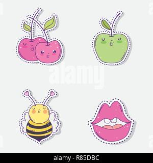 Set kawaii Äpfel mit Biene und Mund Aufkleber Stock Vektor