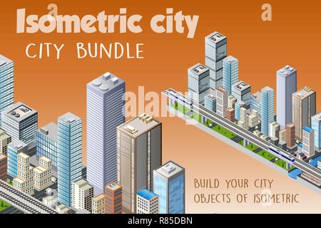 Isometrische eingestellt der modernen 3D-Stadt. Landschaft Bäume, Straßen. Dreidimensionale Ansichten der Wolkenkratzer, Häusern, Gebäuden und städtischen Gebieten mit transpor Stock Vektor