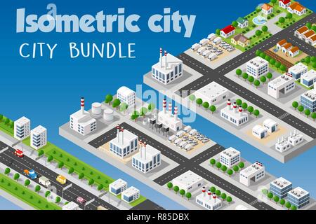 Isometrische eingestellt der modernen 3D-Stadt. Landschaft Bäume, Straßen. Dreidimensionale Ansichten der Wolkenkratzer, Häusern, Gebäuden und städtischen Gebieten mit transpor Stock Vektor