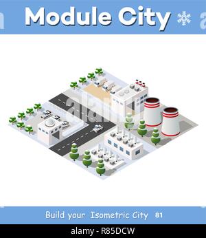 Isometrische Modul der modernen 3D-Stadt. Winter Landschaft verschneite Bäume, Straßen. Dreidimensionale Ansichten der Wolkenkratzer, Häusern, Gebäuden und städtischen sind Stock Vektor