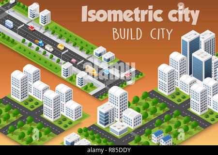 Isometrische eingestellt der modernen 3D-Stadt. Landschaft Bäume, Straßen. Dreidimensionale Ansichten der Wolkenkratzer, Häusern, Gebäuden und städtischen Gebieten mit transpor Stock Vektor