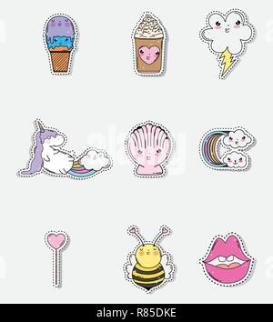 Set kawaii Shell mit Eis und Wolken Rainbow mit Unicorn Stock Vektor