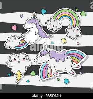 Kawaii Wolken mit Regenbogen und Donner mit Unicorn Stock Vektor