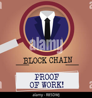 Schreiben Hinweis Übersicht Block Kette Nachweis der Arbeit. Business foto Präsentation dezentrale Geld Handel cryptocurrency Lupe Vergrößerung einer Tuxe Stockfoto