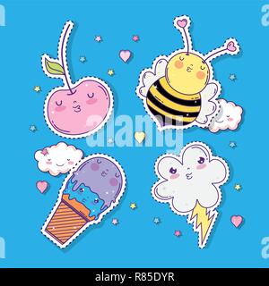 Set kawaii Äpfel mit Biene und Eis mit Cloud Stock Vektor