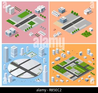 Stadtbild Designelemente mit isometrischen Gebäude Stadtplan Generator. 3D-Flachbild Icon Set. Isolierte Sammlung Elemente für Ihre perfekte Straße, p Stock Vektor