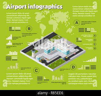 Isometrische Flughafen, Flugreisen Infografik mit Transport terminal Grafik Design Elemente. Transport Konzept Vorlage mit statistischen Symbole, Cha Stock Vektor