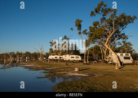 Caravan zeltete in Lara Wetlands durch Bäume Stockfoto