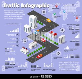 Moderne Wohnung isometrische City Road design elemente Infografiken mit Textfeldern. Infrastruktur navigation Pins, Park, Verkehr, Gebäude, Bäume. Colo Stock Vektor