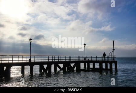 Lone Fischer auf einem Pier in den Solent bei Sally Port, Portsmouth, Großbritannien Stockfoto