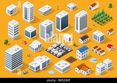 Stadtbild Designelemente mit isometrischen Gebäude Stadtplan Generator. 3D-Flachbild Icon Set. Isolierte Sammlung Elemente für Ihre perfekte Straße, p Stock Vektor