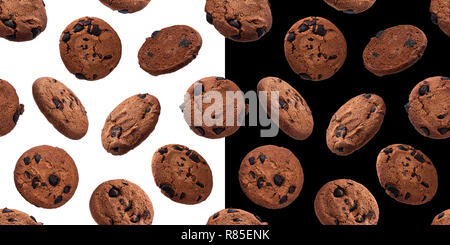 Oatmeal Chocolate Chip Cookies nahtlose Muster, auf weißem und schwarzem Hintergrund isoliert Stockfoto