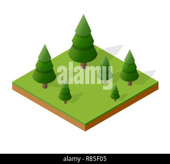 Isometrische 3d-bäume wald Camping Natur Elemente weißen Hintergrund für Landschaftsgestaltung. Vector Illustration isoliert. Symbole für Stadtpläne, Spiele und Stock Vektor