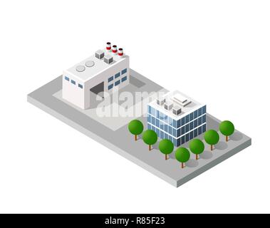 Isometrische 3D-Stadt urban Fabrik, die mit Gebäuden, Kraftwerk, Heizung Gas, Lager, Aufzug an der Außenseite. Flache Karte isoliert Infografik Grundschule Stock Vektor