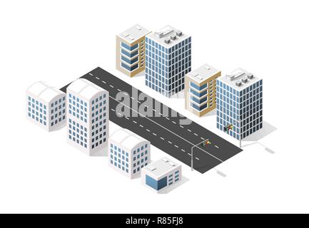 Stadt Boulevard isometrische Avenue. Verkehrsmittel Auto, städtischen und Asphalt, Verkehr. Kreuzung Straßen Flachbild 3d dreidimensionale Abbildung der öffentlichen Verkehrsmittel der Stadt. Stock Vektor