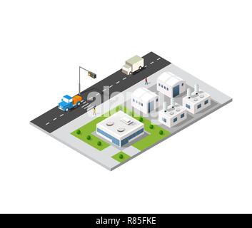 Stadt Boulevard isometrische Avenue. Verkehrsmittel Auto, städtischen und Asphalt, Verkehr. Kreuzung Straßen Flachbild 3d dreidimensionale Abbildung der öffentlichen Verkehrsmittel der Stadt. Stock Vektor