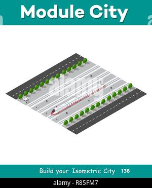 Schnelle moderne Hochgeschwindigkeitszug. Vektor Flachbild 3d-isometrische Darstellung des öffentlichen Verkehrs. Güterverkehr eine große Anzahl der Passagiere zu befördern. Stock Vektor