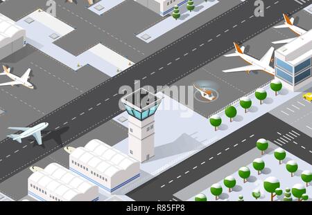 Isometrische 3D-Flughafen dreidimensionale Abbildung mit Jet Flugzeug parken Hotel Halle. Flugzeug Landebahn Fluggesellschaft, terminal Transport Stock Vektor