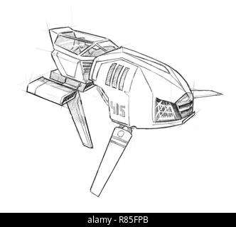 Tinte Konzept Kunst Zeichnung des futuristischen Raumschiffs oder Flugzeug Stockfoto
