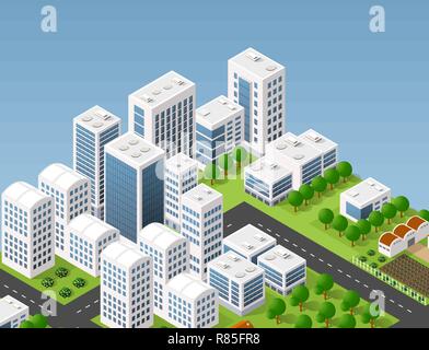 Isometrische 3D-Illustration Stadt städtische Umgebung mit viel Häuser und Hochhäuser, Straßen, Bäume und Fahrzeuge Stock Vektor