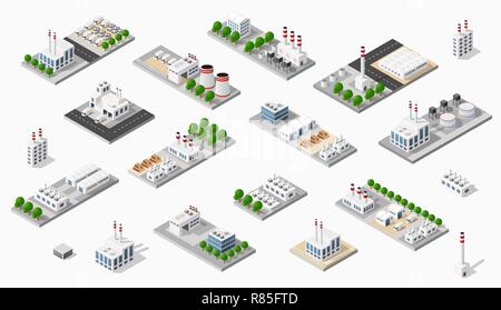 Isometrische Pflanze dimensionale Projektion mit Fabriken und industriellen Gebäuden, Kessel, Lagerhallen, Hangars, Kraftwerke, Straßen, Wege, Stock Vektor