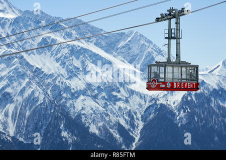 Seilbahn des Brevent, Wintersport in Chamonix Mont Blanc Resort. Haute-Savoie, Alpen, Frankreich Stockfoto