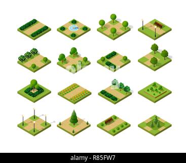 Eingestellt von isometrischen städtischen Parks. Stadt natürlichen ökologischen Landschaften der Stadt Infrastruktur. Bäume Rasen Garten Wege und Bänke der dimensionalen Kit von i Stock Vektor