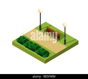 Natürliche ökologische Landschaft isometrische Symbol. Stadt natürlichen ökologischen Zeichen der Stadt Infrastruktur Bäume, Rasen, Garten Wege und Bänke Stock Vektor